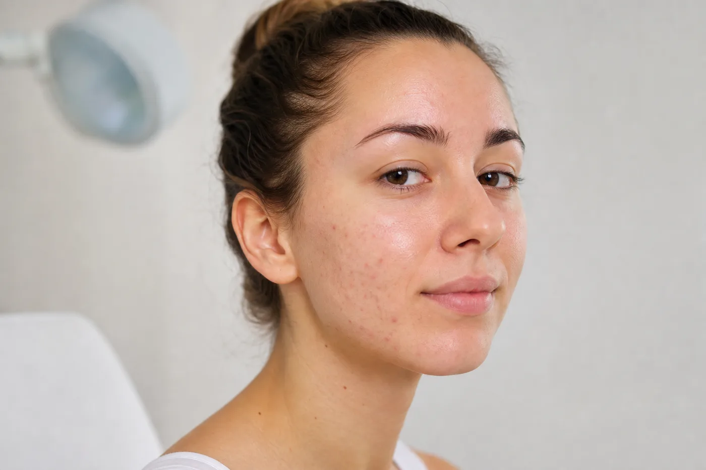 Rostro con acné evaluado en consulta dermatológica