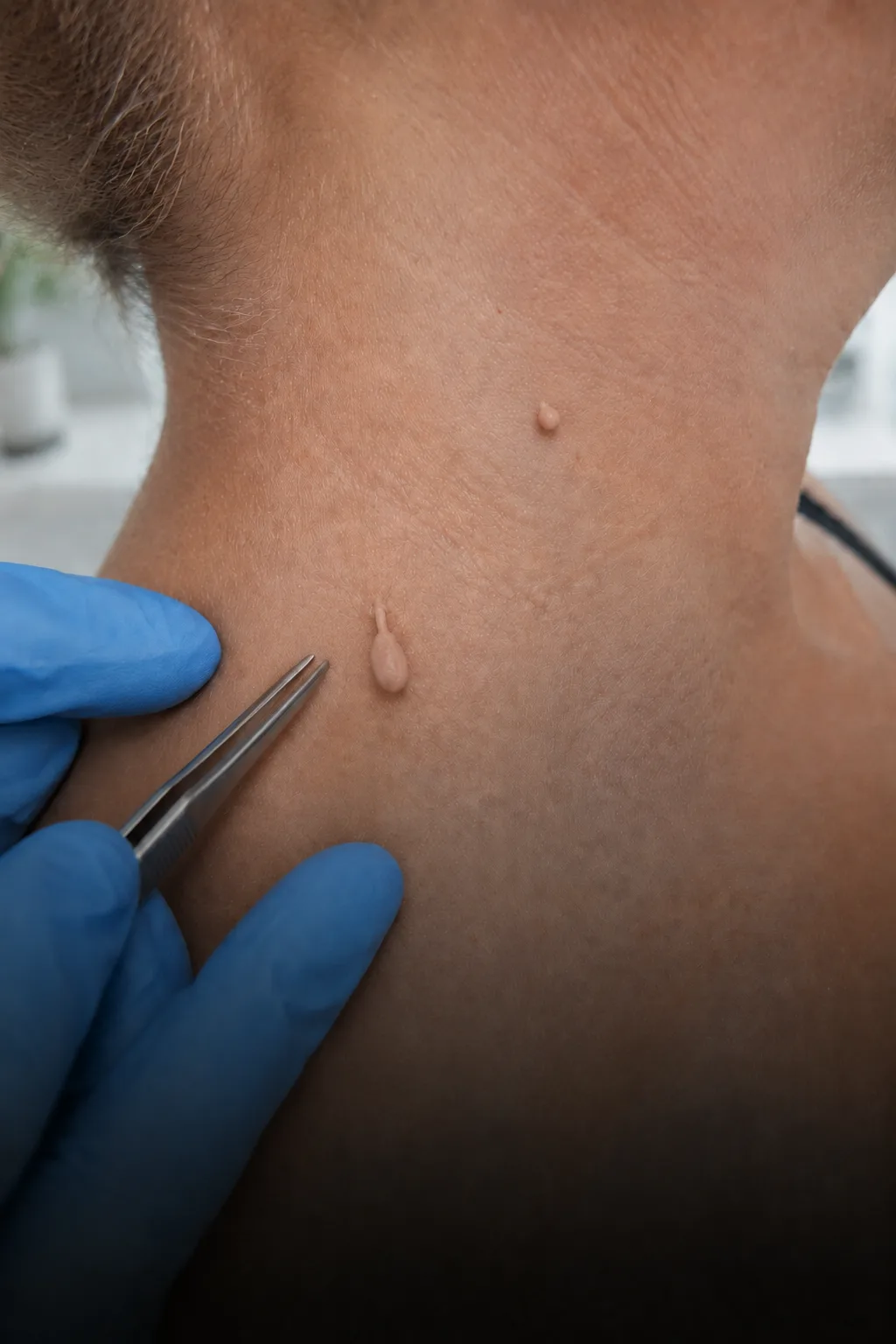 Acrocordones o fibromas blandos en el cuello evaluados por un dermatólogo
