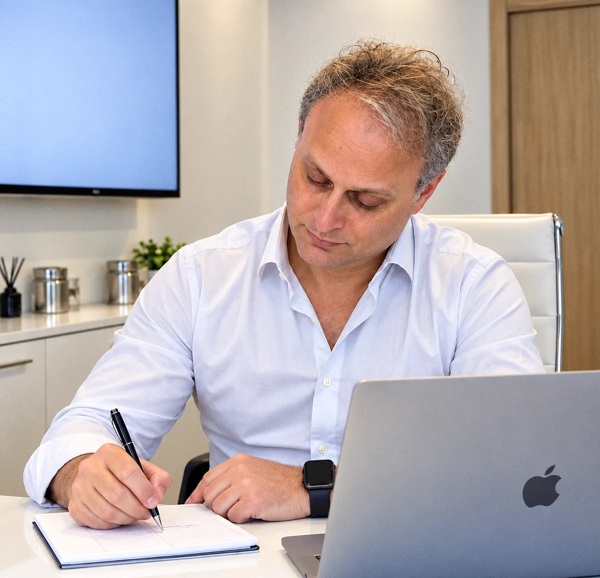 Dr. Damián Koll, dermatólogo, tomando notas en el consultorio de Dermatología Koll