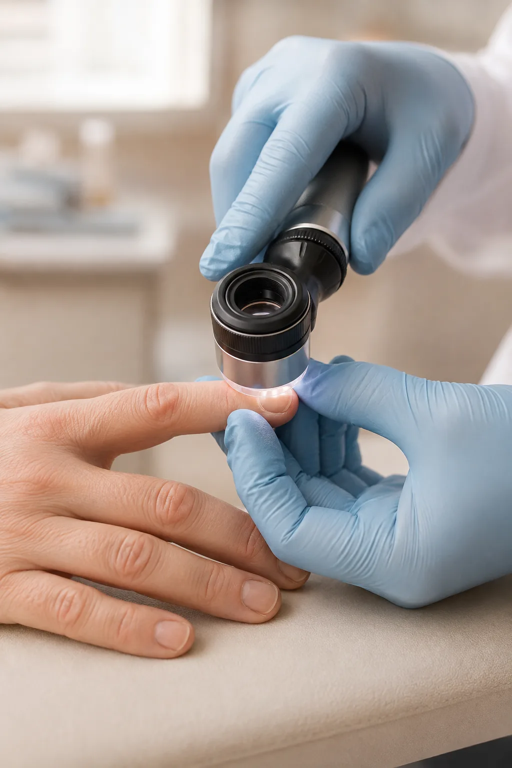 Dermatólogo examinando la uña de un paciente con dermatoscopio